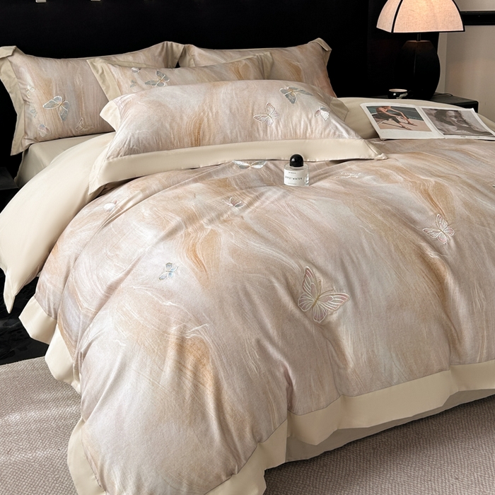 91家纺网 家纺一手货源 找家纺 博纳家纺 2025新款正宗3221纯棉磨毛全棉印绣拼角四件套-幻影 香槟