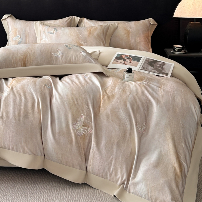 91家纺网 家纺一手货源 找家纺 博纳家纺 2025新款正宗3221纯棉磨毛全棉印绣拼角四件套-幻影 香槟