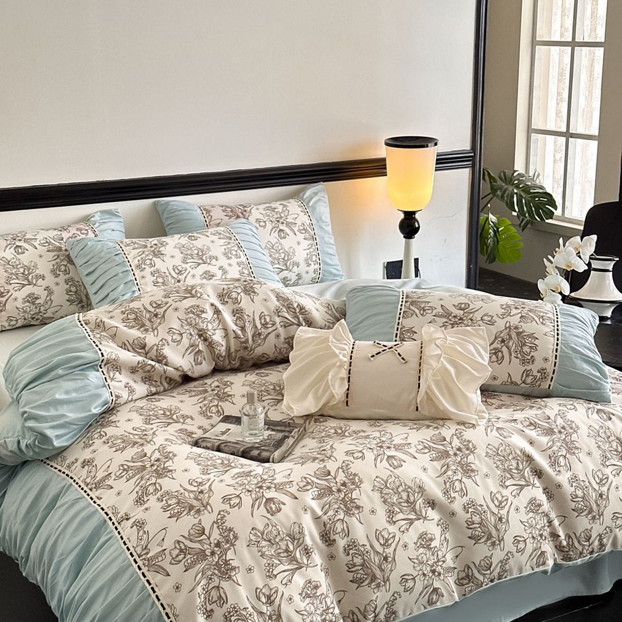 91家纺网 家纺一手货源 找家纺 博纳家纺 2025新款亲肤棉法式奶油风四件套-芙蕾雅 繁星蓝