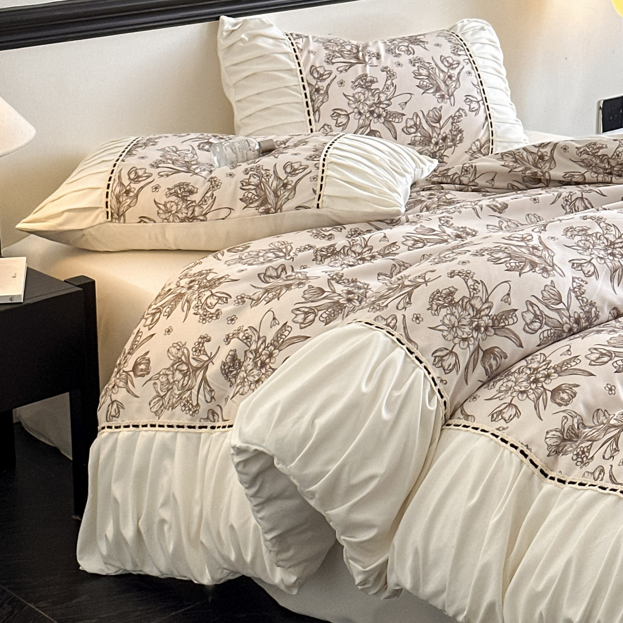 91家纺网 家纺一手货源 找家纺 博纳家纺 2025新款亲肤棉法式奶油风四件套-芙蕾雅 象牙白