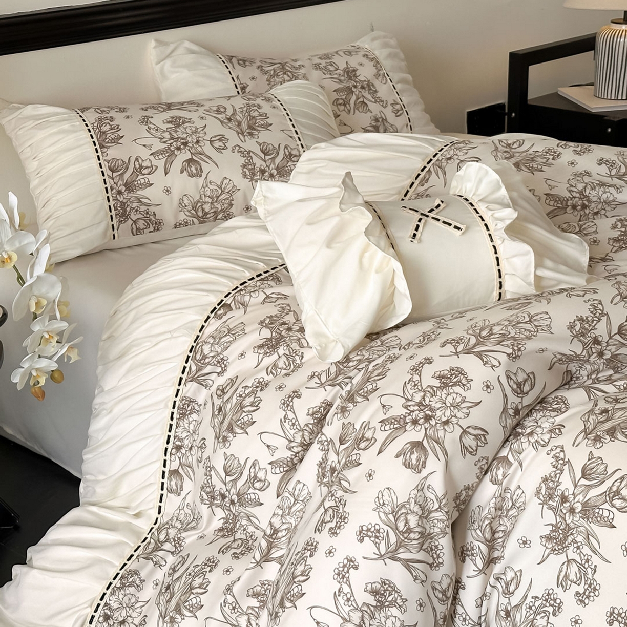 91家纺网 家纺一手货源 找家纺 博纳家纺 2025新款亲肤棉法式奶油风四件套-芙蕾雅 象牙白