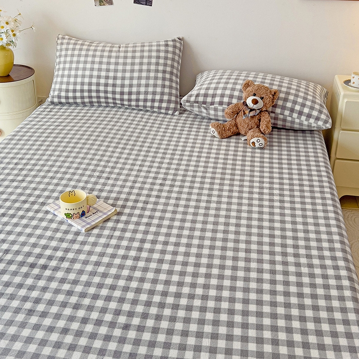 91家纺网 家纺一手货源 找家纺 芷凡家纺 2025新款A类纯色条纹格子加厚牛奶绒床笠 牛奶绒床笠-灰格