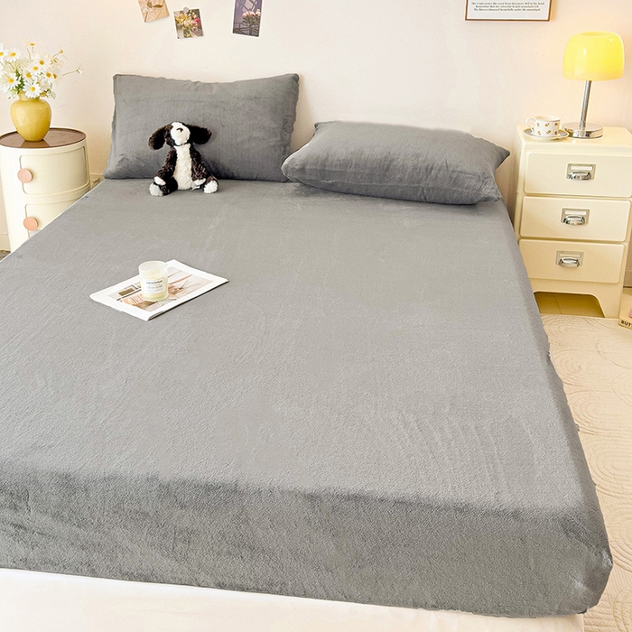 91家纺网 家纺一手货源 找家纺 芷凡家纺 2025新款A类纯色条纹格子加厚牛奶绒床笠 牛奶绒床笠-中灰