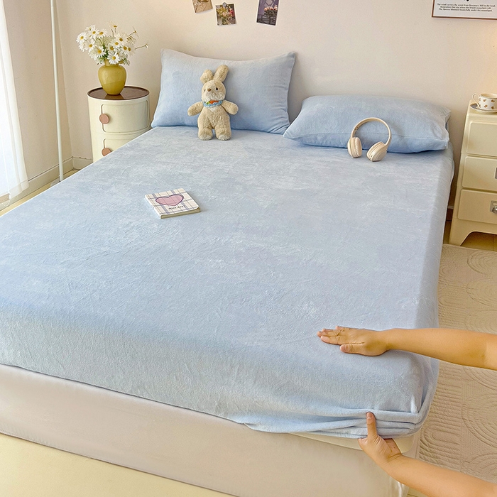 芷凡家纺 2025新款A类纯色条纹格子加厚牛奶绒床笠 牛奶绒床笠-浅蓝