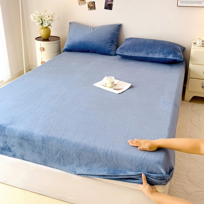 芷凡家纺 2025新款A类纯色条纹格子加厚牛奶绒床笠 牛奶绒床笠-宝蓝