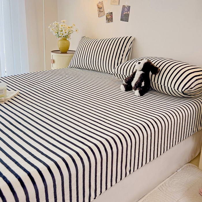 91家纺网 家纺一手货源 找家纺 （总）芷凡家纺 2025新款A类纯色条纹格子加厚牛奶绒床笠