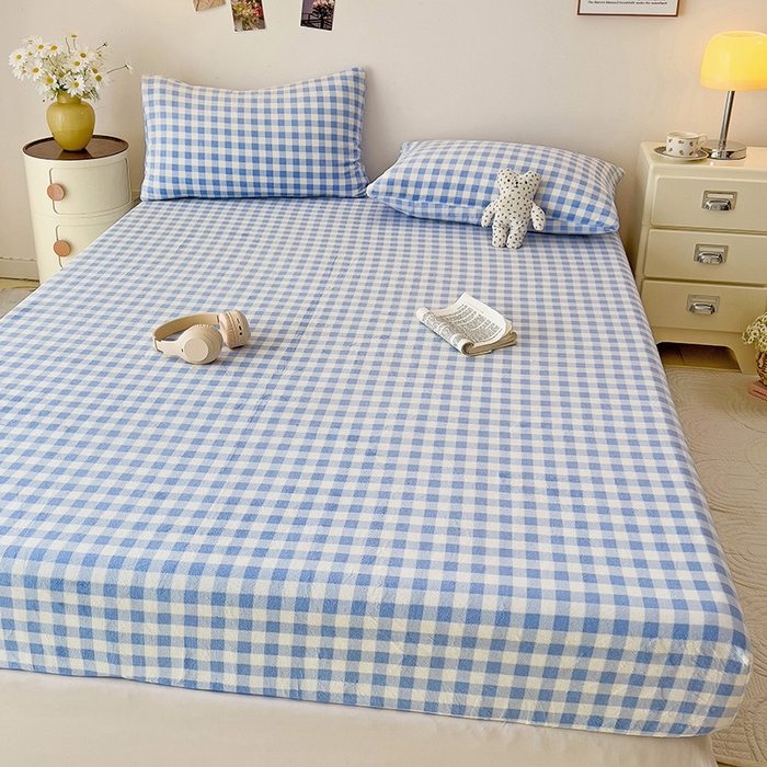 91家纺网 家纺一手货源 找家纺 芷凡家纺 2025新款A类纯色条纹格子加厚牛奶绒床笠 牛奶绒床笠-蓝格