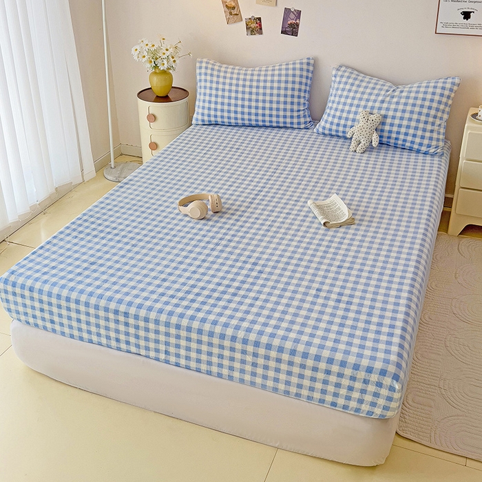 91家纺网 家纺一手货源 找家纺 芷凡家纺 2025新款A类纯色条纹格子加厚牛奶绒床笠 牛奶绒床笠-蓝格