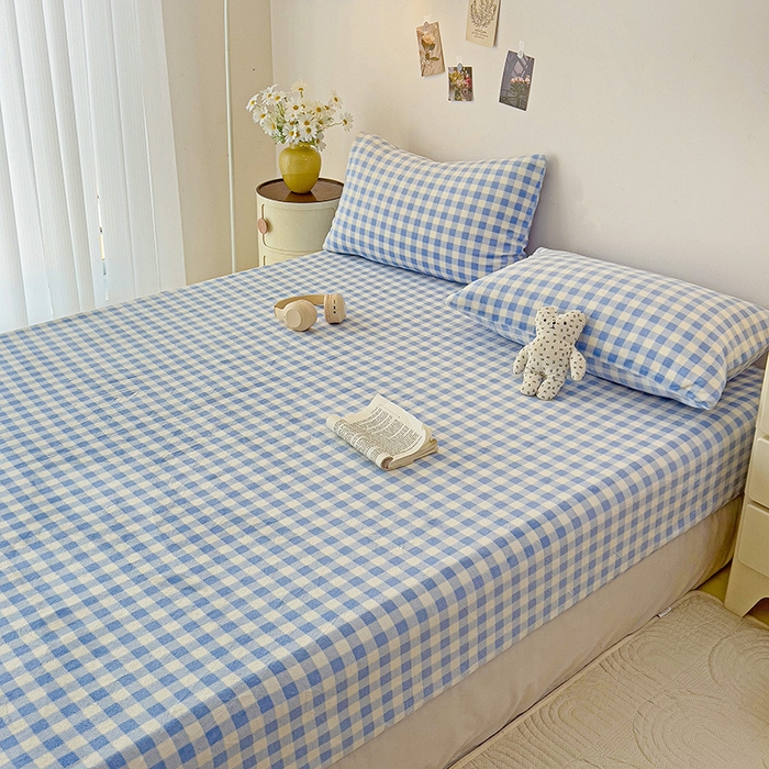 91家纺网 家纺一手货源 找家纺 芷凡家纺 2025新款A类纯色条纹格子加厚牛奶绒床笠 牛奶绒床笠-蓝格