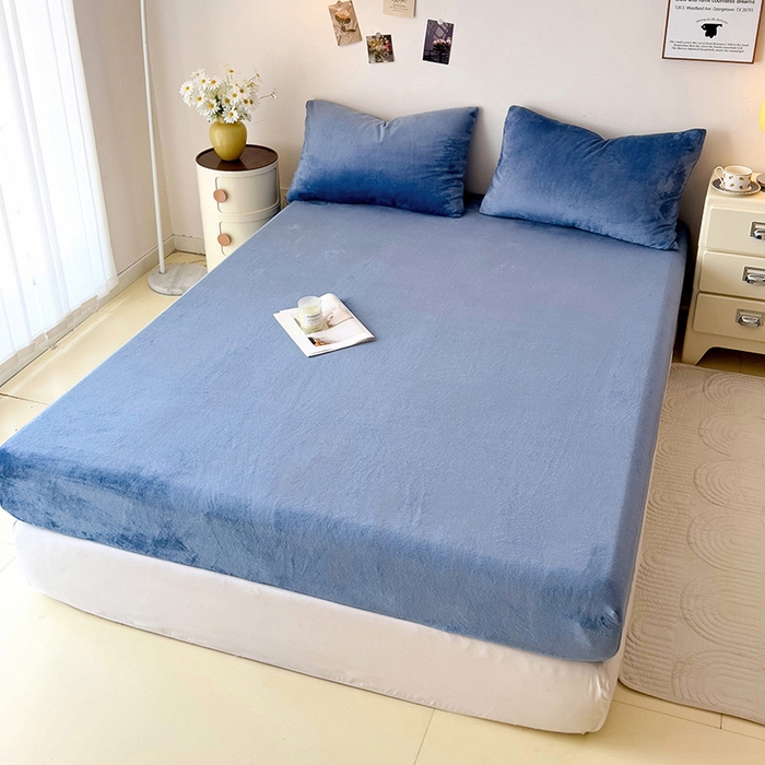 91家纺网 家纺一手货源 找家纺 芷凡家纺 2025新款A类纯色条纹格子加厚牛奶绒床笠 牛奶绒床笠-宝蓝