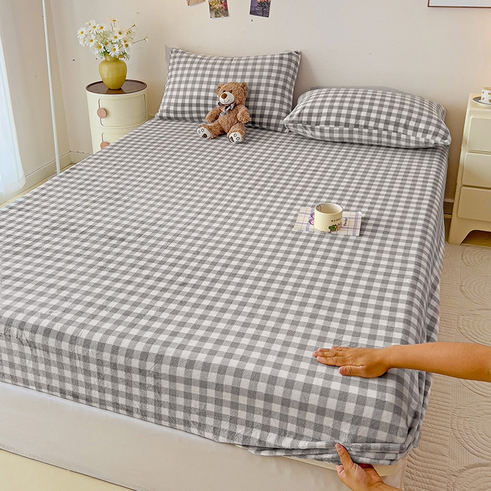 芷凡家纺 2025新款A类纯色条纹格子加厚牛奶绒床笠 牛奶绒床笠-灰格