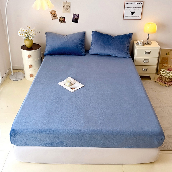 91家纺网 家纺一手货源 找家纺 芷凡家纺 2025新款A类纯色条纹格子加厚牛奶绒床笠 牛奶绒床笠-宝蓝