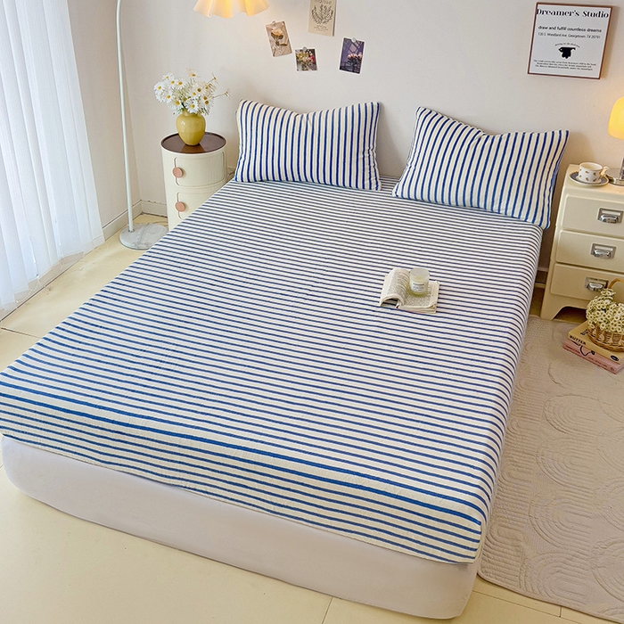 91家纺网 家纺一手货源 找家纺 芷凡家纺 2025新款A类纯色条纹格子加厚牛奶绒床笠 牛奶绒床笠-蓝条