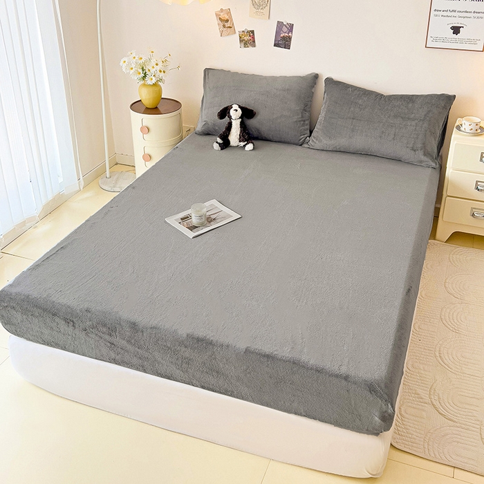 91家纺网 家纺一手货源 找家纺 芷凡家纺 2025新款A类纯色条纹格子加厚牛奶绒床笠 牛奶绒床笠-中灰