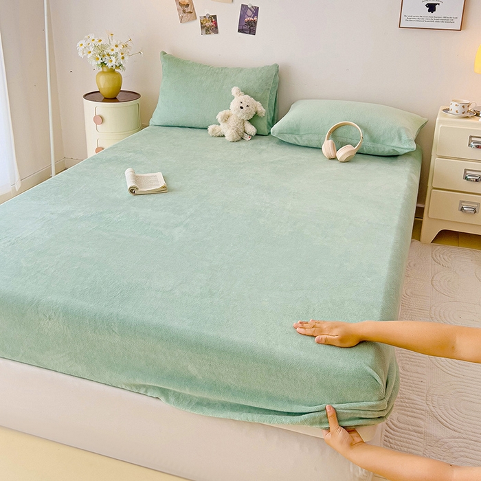 芷凡家纺 2025新款A类纯色条纹格子加厚牛奶绒床笠 牛奶绒床笠-藻绿