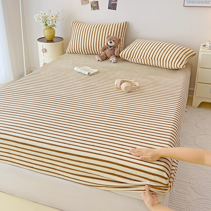 芷凡家纺 2025新款A类纯色条纹格子加厚牛奶绒床笠 牛奶绒床笠-咖条