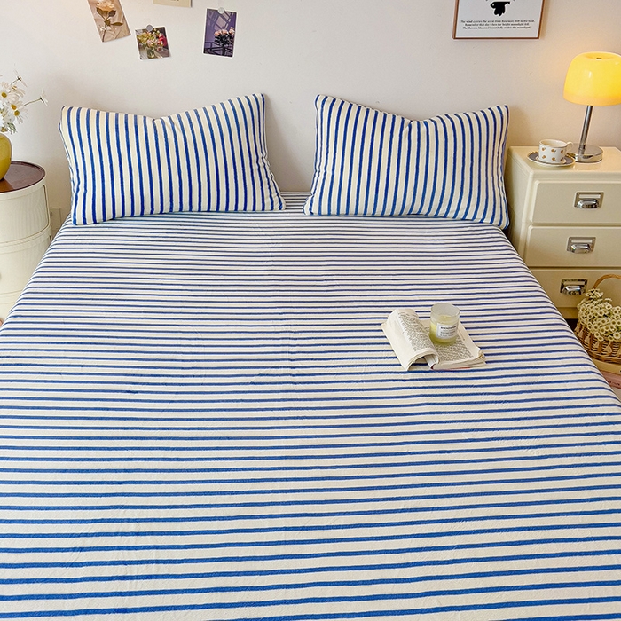 91家纺网 家纺一手货源 找家纺 芷凡家纺 2025新款A类纯色条纹格子加厚牛奶绒床笠 牛奶绒床笠-蓝条