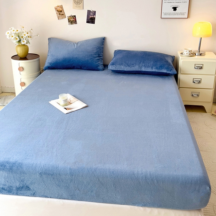 91家纺网 家纺一手货源 找家纺 芷凡家纺 2025新款A类纯色条纹格子加厚牛奶绒床笠 牛奶绒床笠-宝蓝