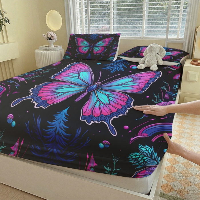 91家纺网 家纺一手货源 找家纺 （总）合纵跨境工厂 2025新款一件定制跨境磨毛单床笠被床笠三件套希音集采亚马逊速卖通24小时内发货-蝴蝶主题床笠三件套