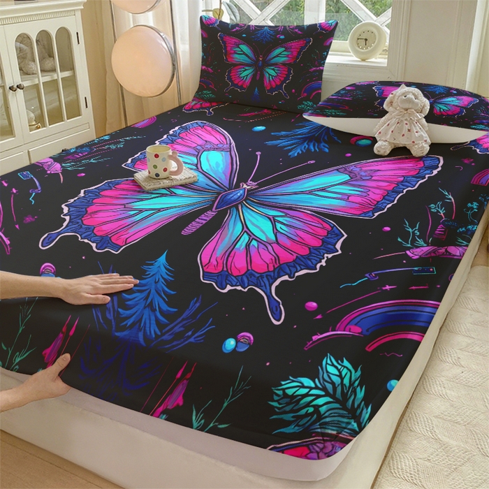 91家纺网 家纺一手货源 找家纺 （总）合纵跨境工厂 2025新款一件定制跨境磨毛单床笠被床笠三件套希音集采亚马逊速卖通24小时内发货-蝴蝶主题床笠三件套