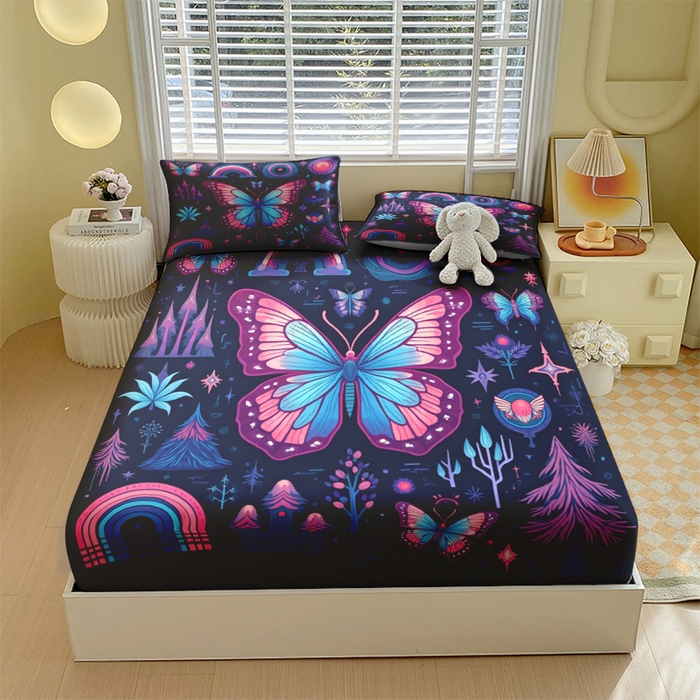 91家纺网 家纺一手货源 找家纺 （总）合纵跨境工厂 2025新款一件定制跨境磨毛单床笠被床笠三件套希音集采亚马逊速卖通24小时内发货-蝴蝶主题床笠三件套