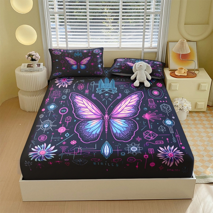 91家纺网 家纺一手货源 找家纺 （总）合纵跨境工厂 2025新款一件定制跨境磨毛单床笠被床笠三件套希音集采亚马逊速卖通24小时内发货-蝴蝶主题床笠三件套