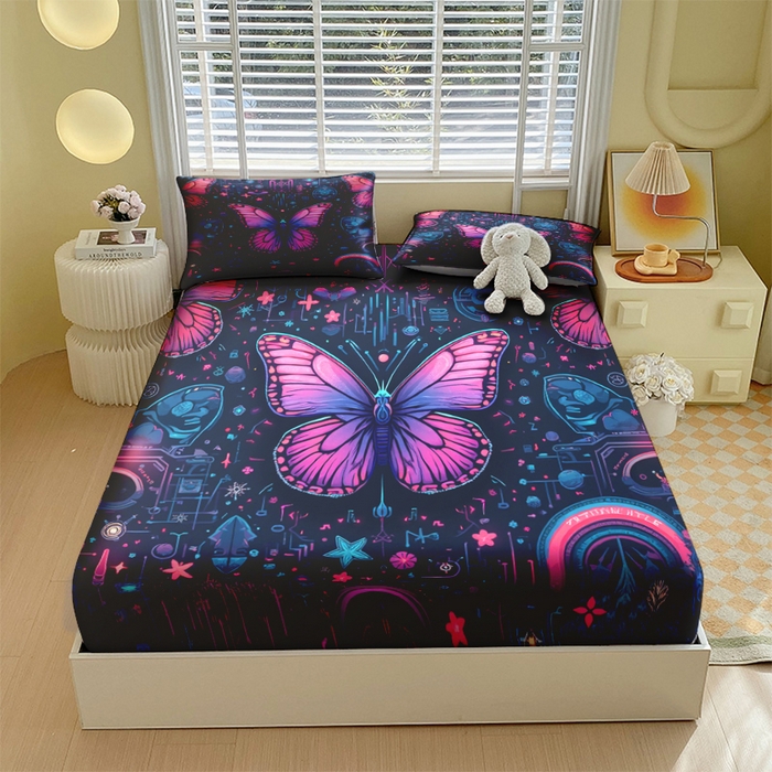 91家纺网 家纺一手货源 找家纺 （总）合纵跨境工厂 2025新款一件定制跨境磨毛单床笠被床笠三件套希音集采亚马逊速卖通24小时内发货-蝴蝶主题床笠三件套