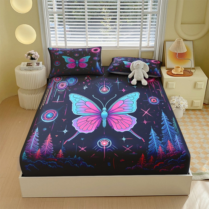 91家纺网 家纺一手货源 找家纺 （总）合纵跨境工厂 2025新款一件定制跨境磨毛单床笠被床笠三件套希音集采亚马逊速卖通24小时内发货-蝴蝶主题床笠三件套