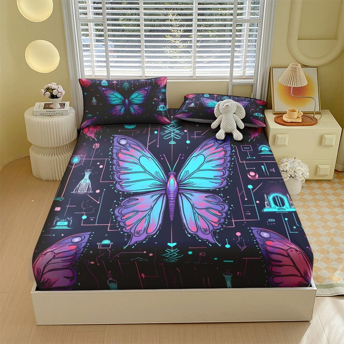 91家纺网 家纺一手货源 找家纺 （总）合纵跨境工厂 2025新款一件定制跨境磨毛单床笠被床笠三件套希音集采亚马逊速卖通24小时内发货-蝴蝶主题床笠三件套