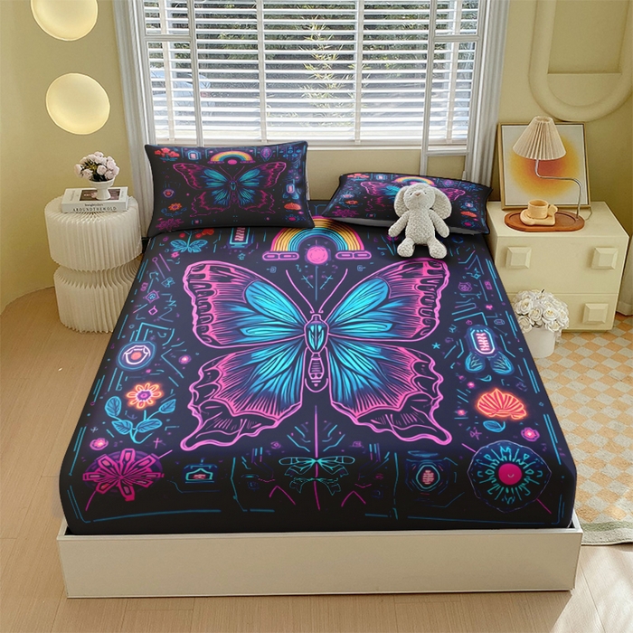 91家纺网 家纺一手货源 找家纺 （总）合纵跨境工厂 2025新款一件定制跨境磨毛单床笠被床笠三件套希音集采亚马逊速卖通24小时内发货-蝴蝶主题床笠三件套