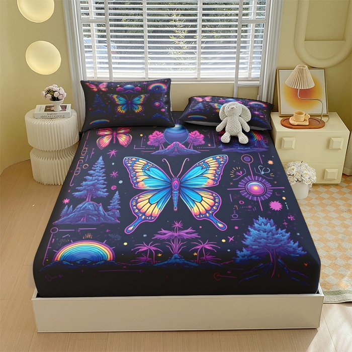 91家纺网 家纺一手货源 找家纺 （总）合纵跨境工厂 2025新款一件定制跨境磨毛单床笠被床笠三件套希音集采亚马逊速卖通24小时内发货-蝴蝶主题床笠三件套