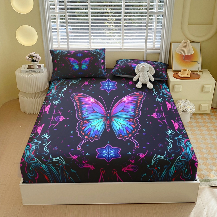 91家纺网 家纺一手货源 找家纺 （总）合纵跨境工厂 2025新款一件定制跨境磨毛单床笠被床笠三件套希音集采亚马逊速卖通24小时内发货-蝴蝶主题床笠三件套