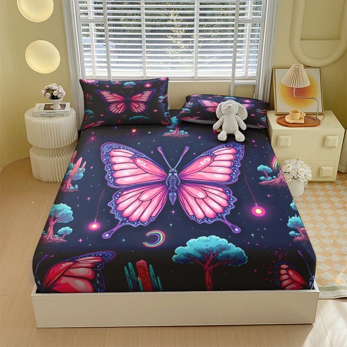 91家纺网 家纺一手货源 找家纺 （总）合纵跨境工厂 2025新款一件定制跨境磨毛单床笠被床笠三件套希音集采亚马逊速卖通24小时内发货-蝴蝶主题床笠三件套