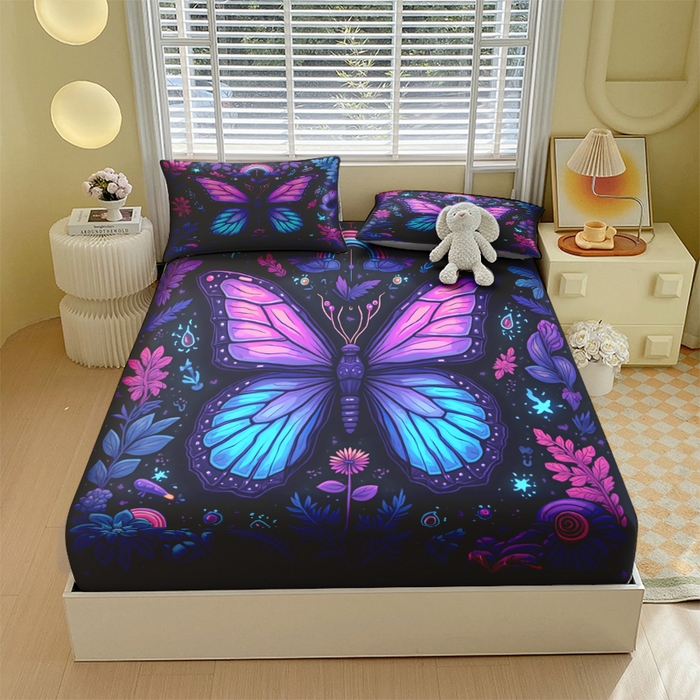 91家纺网 家纺一手货源 找家纺 （总）合纵跨境工厂 2025新款一件定制跨境磨毛单床笠被床笠三件套希音集采亚马逊速卖通24小时内发货-蝴蝶主题床笠三件套