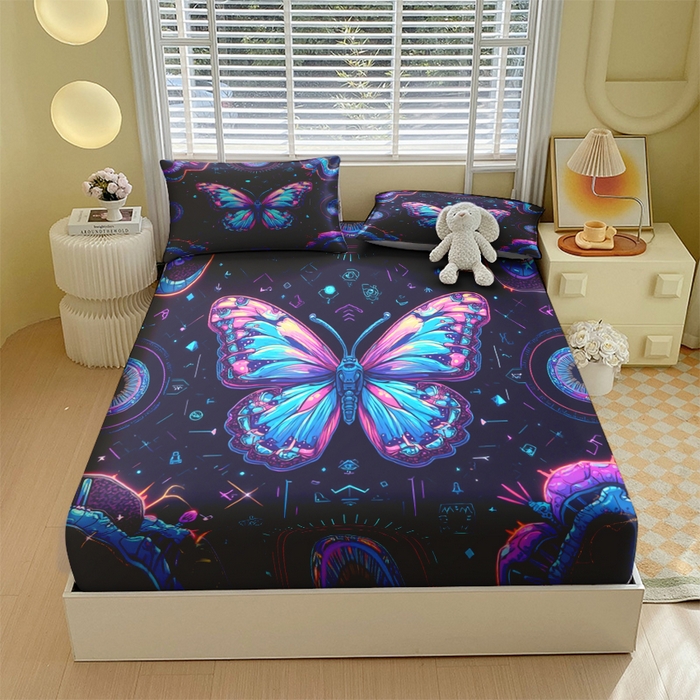 91家纺网 家纺一手货源 找家纺 （总）合纵跨境工厂 2025新款一件定制跨境磨毛单床笠被床笠三件套希音集采亚马逊速卖通24小时内发货-蝴蝶主题床笠三件套