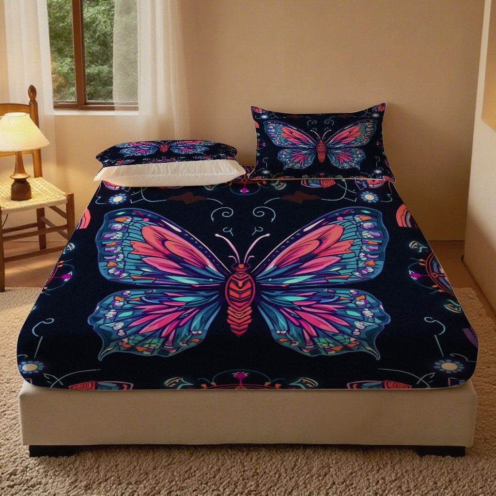 91家纺网 家纺一手货源 找家纺 （总）合纵跨境工厂 2025新款一件定制跨境磨毛单床笠被床笠三件套希音集采亚马逊速卖通24小时内发货-蝴蝶主题床笠三件套