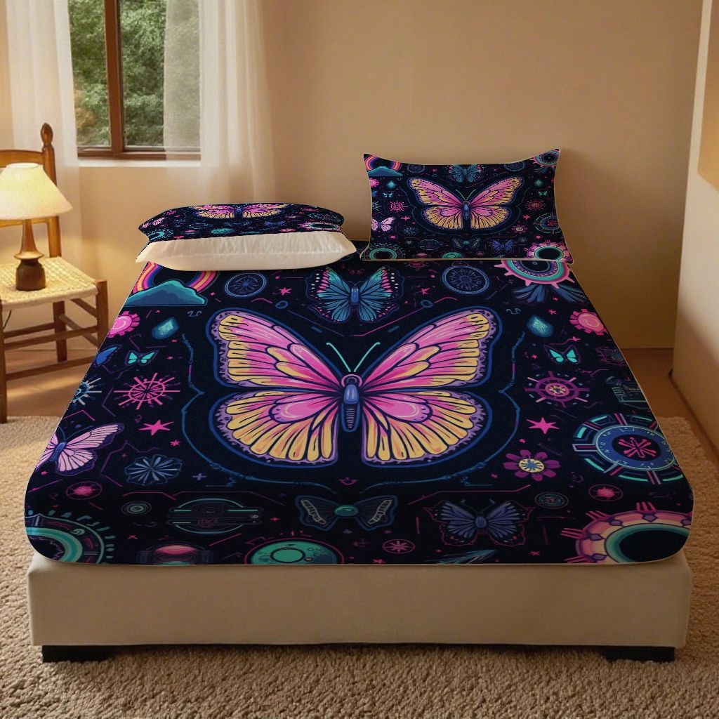 91家纺网 家纺一手货源 找家纺 （总）合纵跨境工厂 2025新款一件定制跨境磨毛单床笠被床笠三件套希音集采亚马逊速卖通24小时内发货-蝴蝶主题床笠三件套