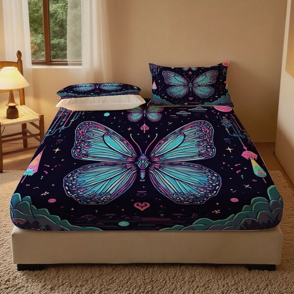 91家纺网 家纺一手货源 找家纺 （总）合纵跨境工厂 2025新款一件定制跨境磨毛单床笠被床笠三件套希音集采亚马逊速卖通24小时内发货-蝴蝶主题床笠三件套