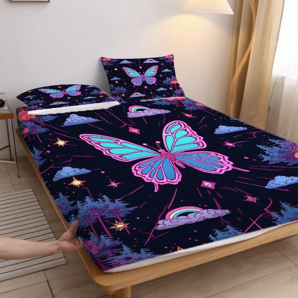 91家纺网 家纺一手货源 找家纺 合纵跨境工厂 2025新款一件定制跨境磨毛单床笠被床笠三件套希音集采亚马逊速卖通24小时内发货-蝴蝶主题床笠三件套 1XAF58302033