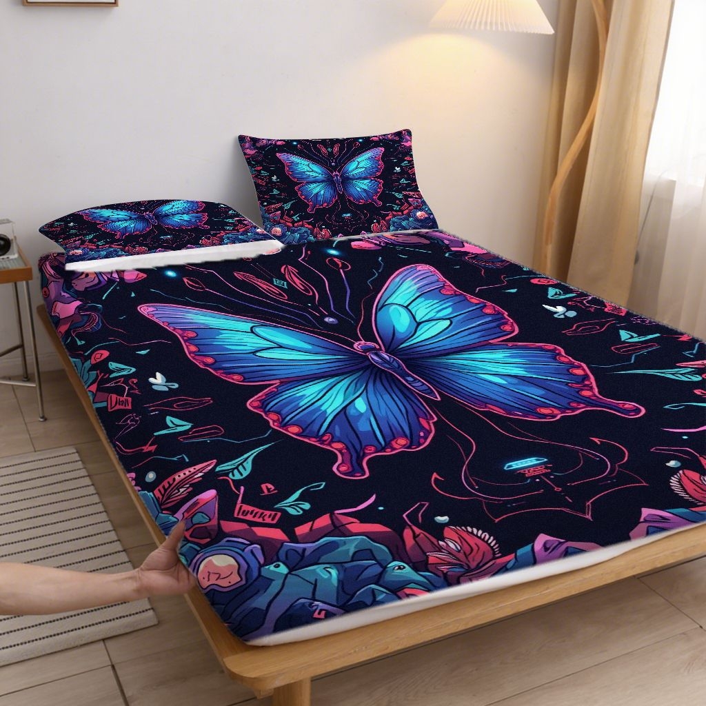 91家纺网 家纺一手货源 找家纺 合纵跨境工厂 2025新款一件定制跨境磨毛单床笠被床笠三件套希音集采亚马逊速卖通24小时内发货-蝴蝶主题床笠三件套 1XAF58302037