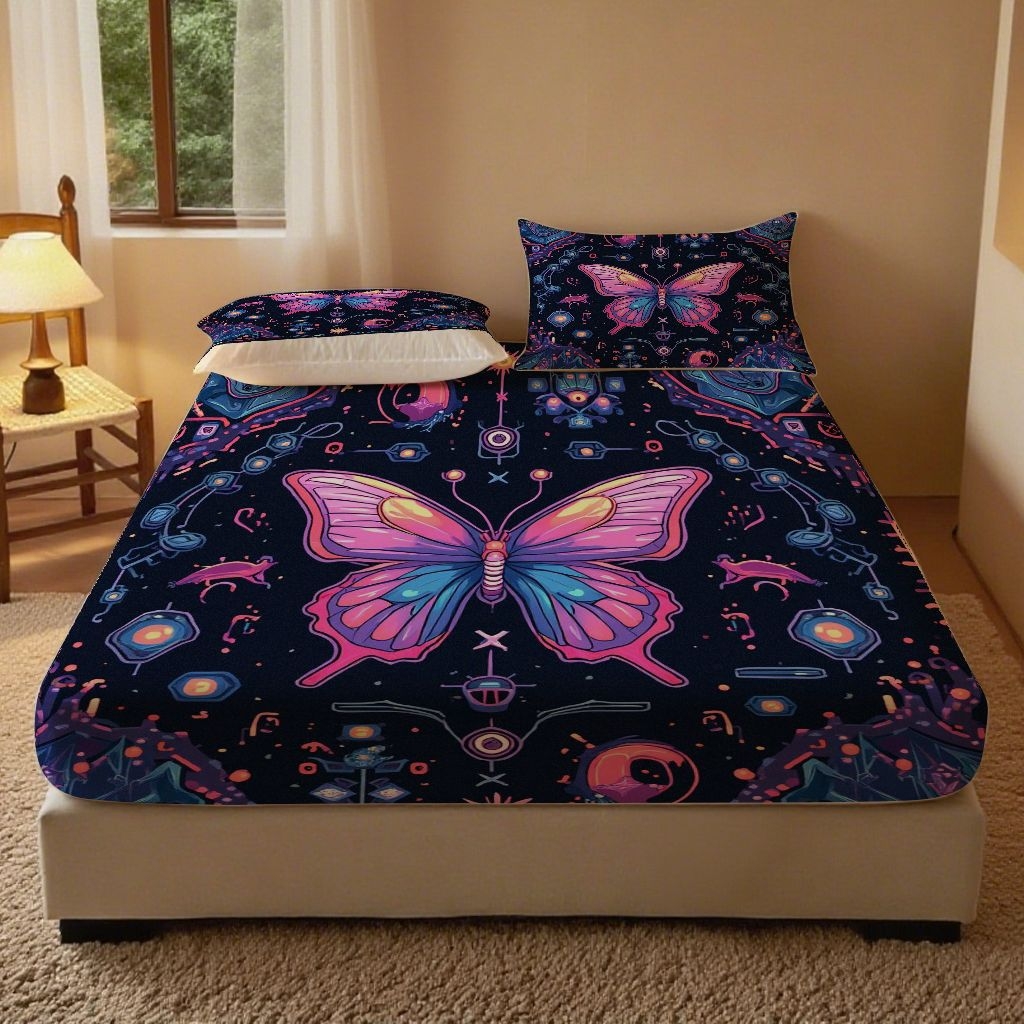 合纵跨境工厂 2025新款一件定制跨境磨毛单床笠被床笠三件套希音集采亚马逊速卖通24小时内发货-蝴蝶主题床笠三件套 1XAF58302038