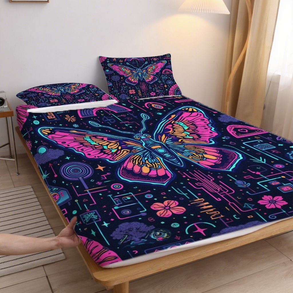 91家纺网 家纺一手货源 找家纺 合纵跨境工厂 2025新款一件定制跨境磨毛单床笠被床笠三件套希音集采亚马逊速卖通24小时内发货-蝴蝶主题床笠三件套 1XAF58302040