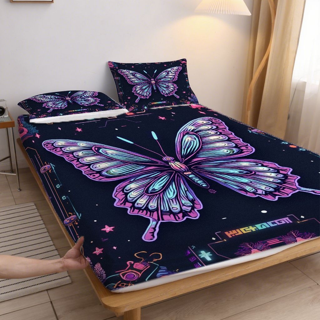 91家纺网 家纺一手货源 找家纺 合纵跨境工厂 2025新款一件定制跨境磨毛单床笠被床笠三件套希音集采亚马逊速卖通24小时内发货-蝴蝶主题床笠三件套 1XAF58302044