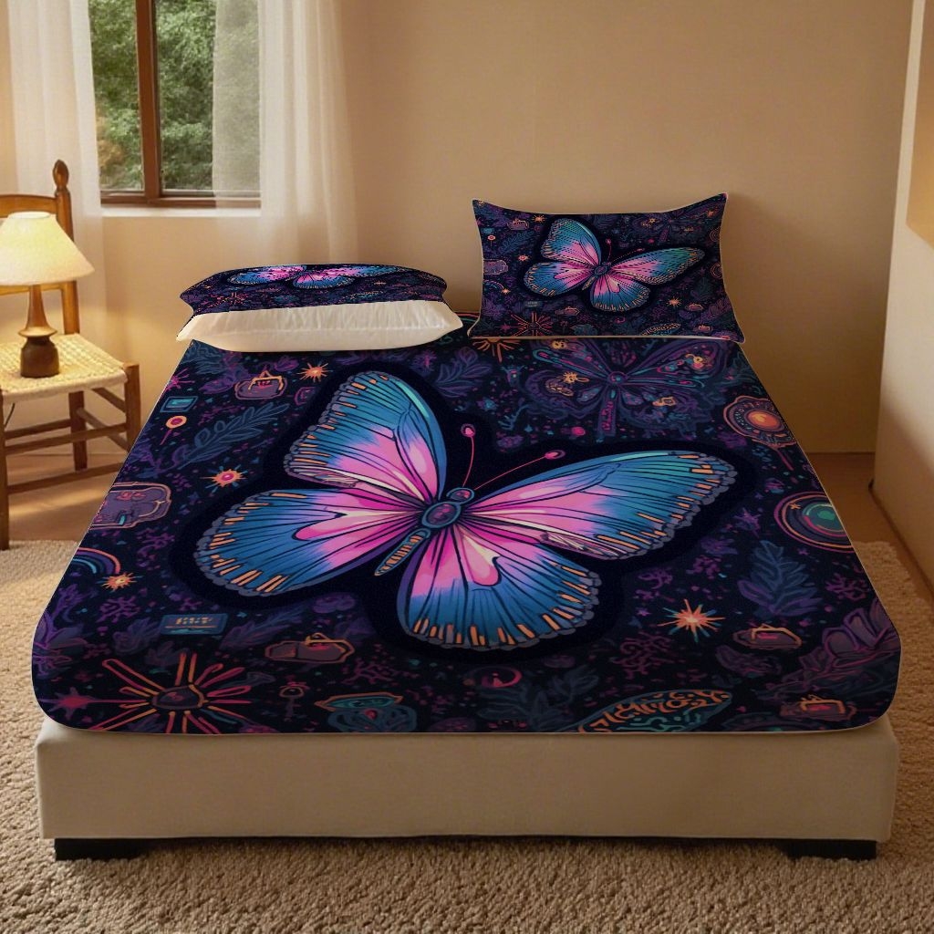 合纵跨境工厂 2025新款一件定制跨境磨毛单床笠被床笠三件套希音集采亚马逊速卖通24小时内发货-蝴蝶主题床笠三件套 1XAF58302047