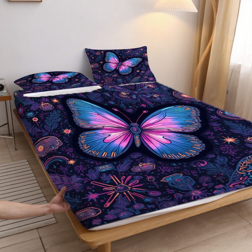 91家纺网 家纺一手货源 找家纺 合纵跨境工厂 2025新款一件定制跨境磨毛单床笠被床笠三件套希音集采亚马逊速卖通24小时内发货-蝴蝶主题床笠三件套 1XAF58302047