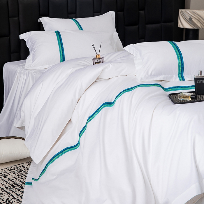 91家纺网 家纺一手货源 找家纺 锦兴酒店布草 2025新款高支高密民宿酒店织带款四件套 青蓝