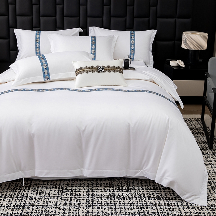 91家纺网 家纺一手货源 找家纺 锦兴酒店布草 2025新款高支高密民宿酒店织带款四件套 暖心