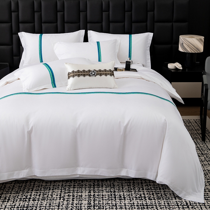 91家纺网 家纺一手货源 找家纺 锦兴酒店布草 2025新款高支高密民宿酒店织带款四件套 青蓝