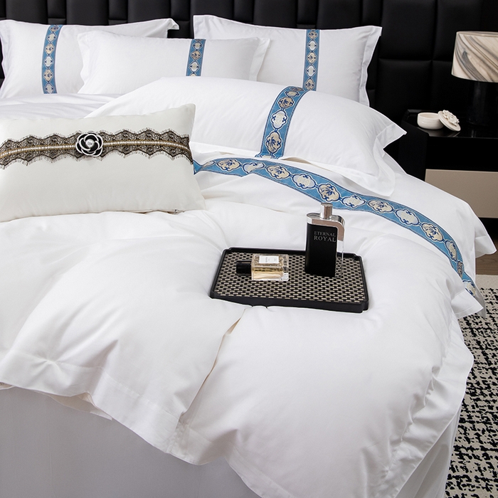 91家纺网 家纺一手货源 找家纺 锦兴酒店布草 2025新款高支高密民宿酒店织带款四件套 暖心