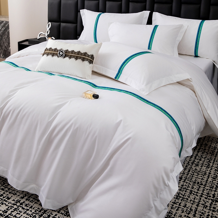 91家纺网 家纺一手货源 找家纺 锦兴酒店布草 2025新款高支高密民宿酒店织带款四件套 青蓝